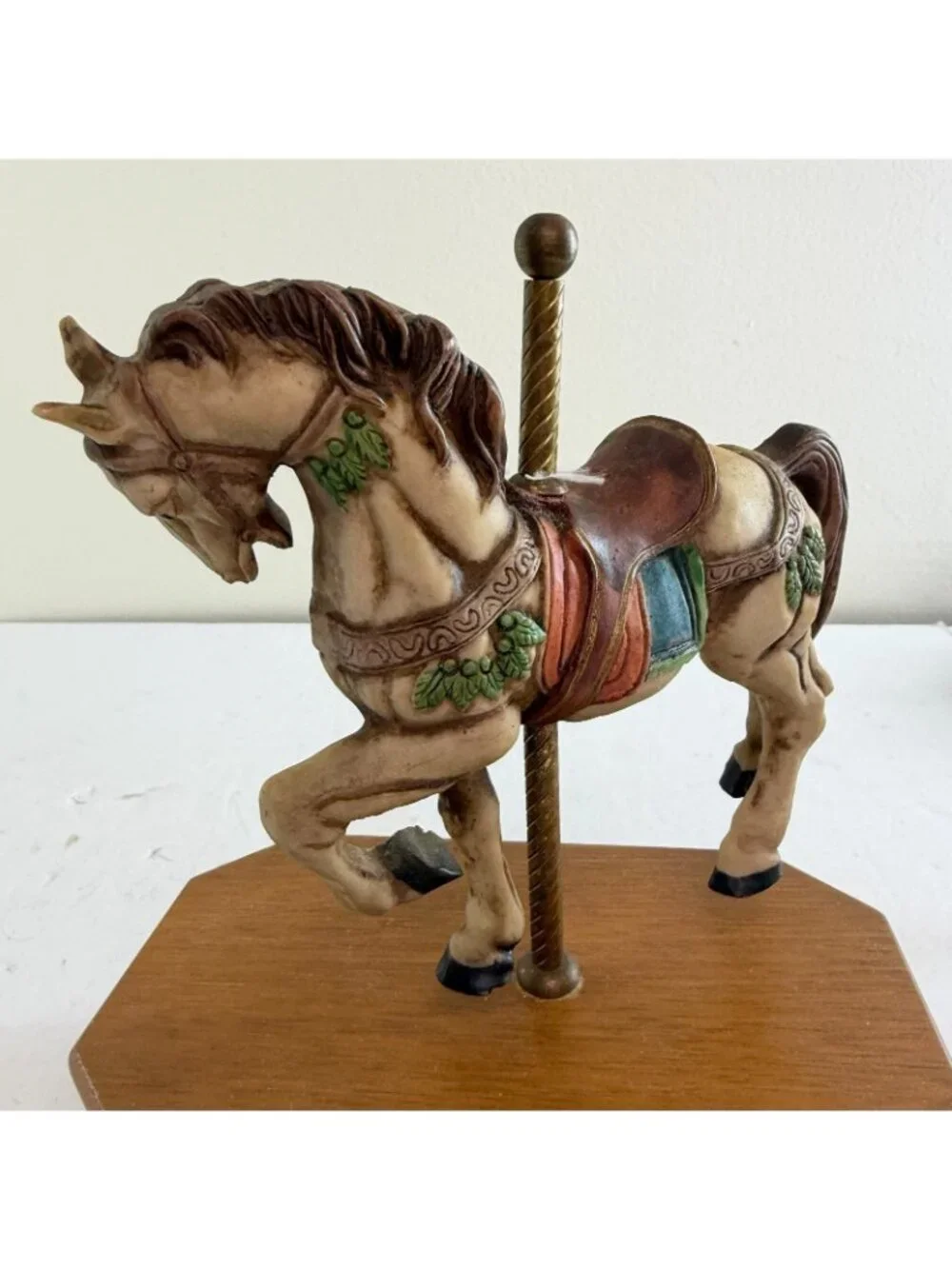 Vintage Carousel Horse Music Box with Wood Base Small - Works, Plays Music